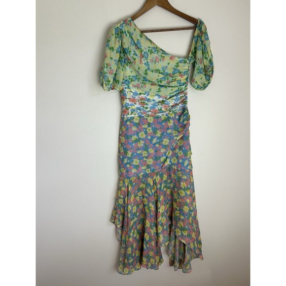 Amur Jaylah Patchwork Floral Print Silk Asymmetrical Midi Dress Size 2 Fairy - Picture 1 of 7